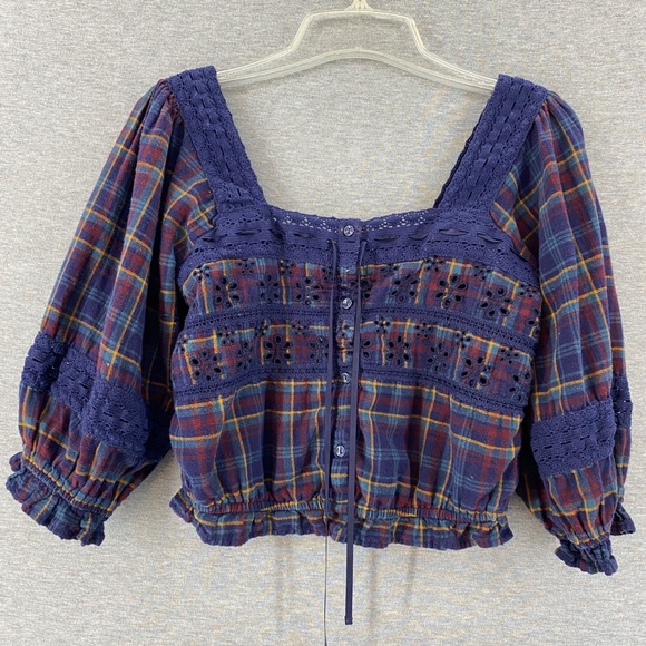 American Eagle Outfitters Tops - American Eagle Plaid Eyelet Lace Crop Top Purple Blue Small‎ Boho Cottagecore